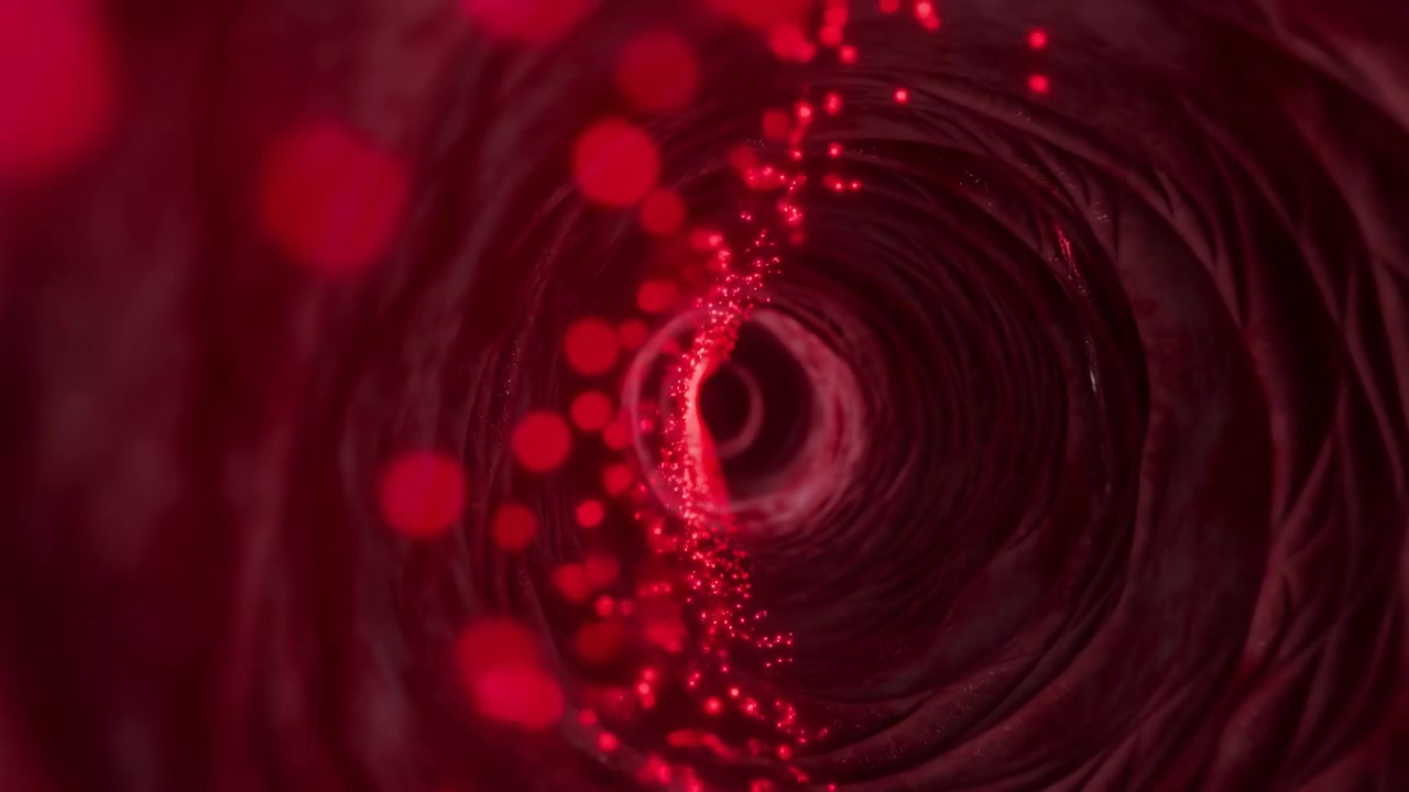 Punti rosso vivo e sfere sfocate avanzano attraverso uno stretto passaggio texturizzato mentre pieghe concentriche si ritirano verso il centro, creando una forte profondità, movimento e un luminoso contrasto cremisi.