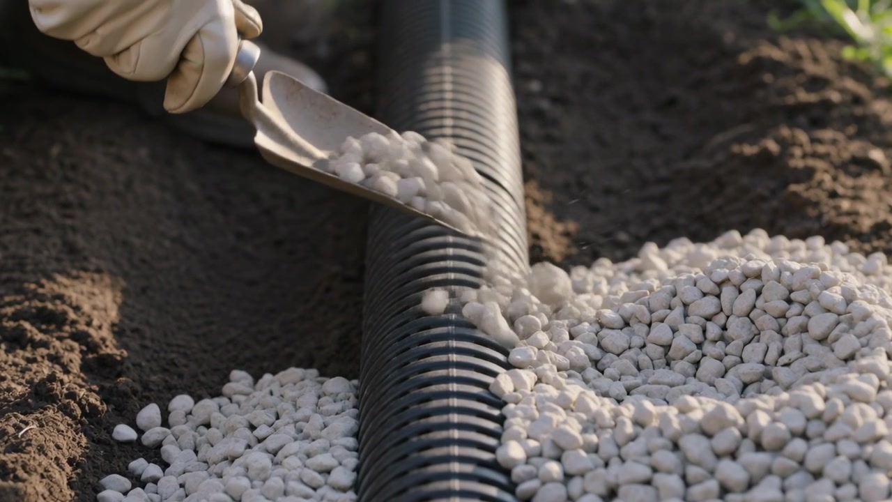 Scooping gravel, gloved worker bedding drainage pipe in trench with trowel, preparing for backfill