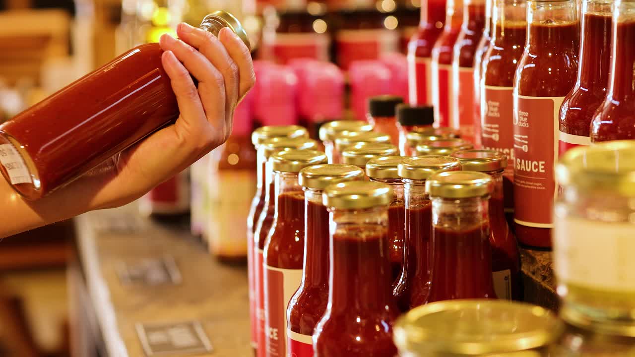A person examines sauce bottles on a store shelf under warm lighting, focusing on labels and packaging