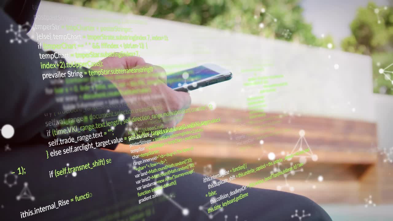 Animation of data processing over caucasian man using smartphone