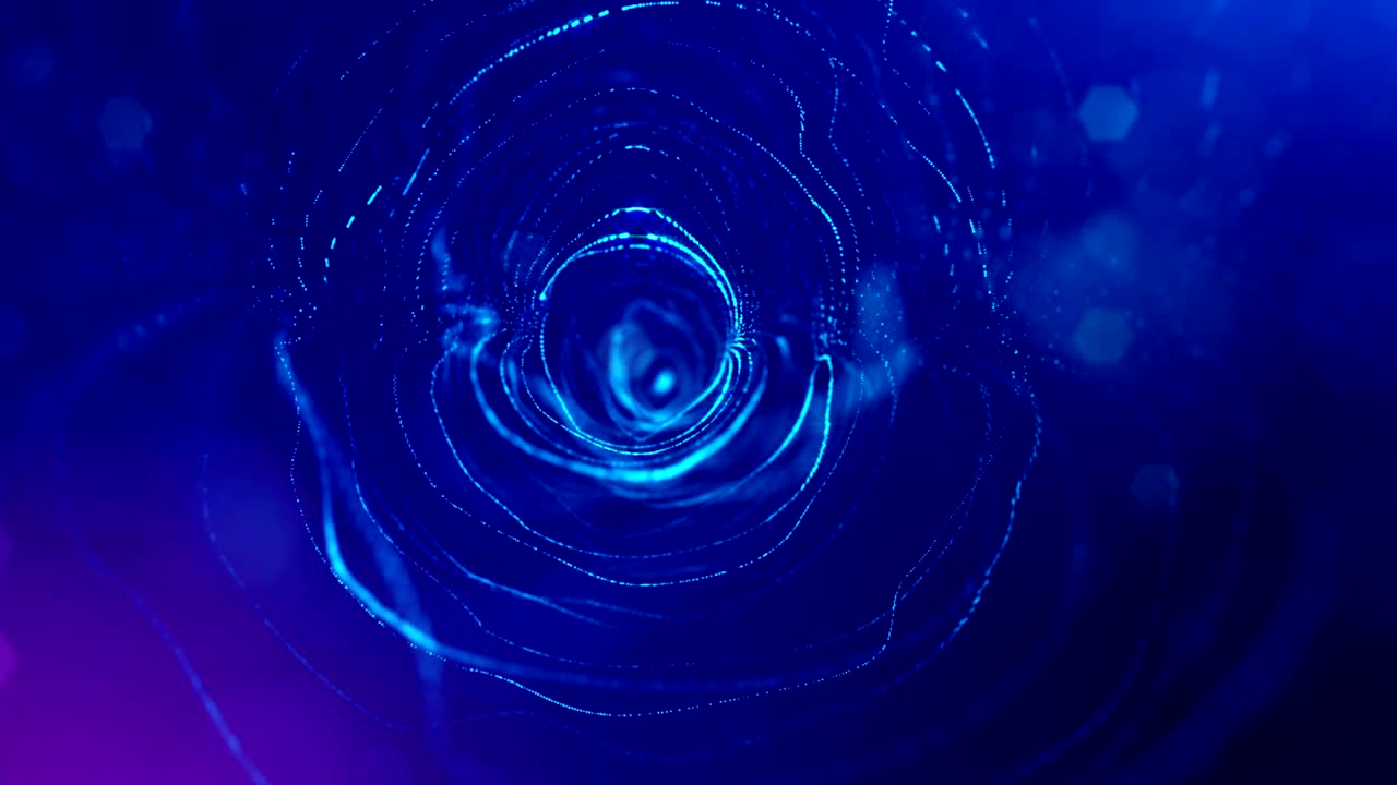 3d seamless animation as digital science fiction background of glowing particles like in nano world with depth of field, bokeh. Particles form line, surface grid or mysterious virtual space. Blue 5