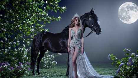 woman and horse in a garden at night