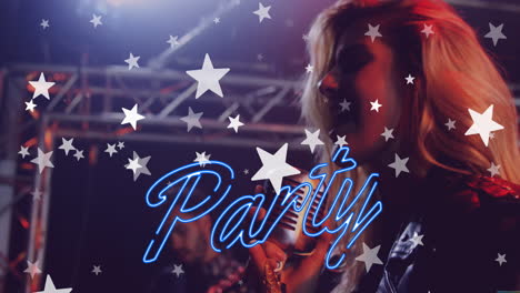 animation of neon party text banner against caucasian female singer singing on the stage at concert