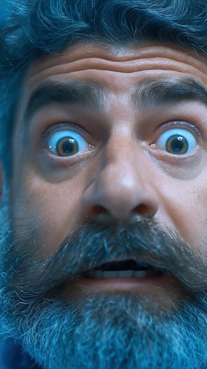 Asombrosa reacción capturada en primer plano extremo: el rostro de sorpresa con ojos bien abiertos y rasgos expresivos revela un momento de asombro y expectación