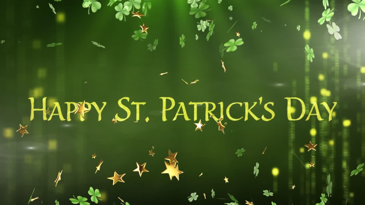 Animazione di trifogli e stelle sul testo Happy St. Patrick's Day su sfondo verde
