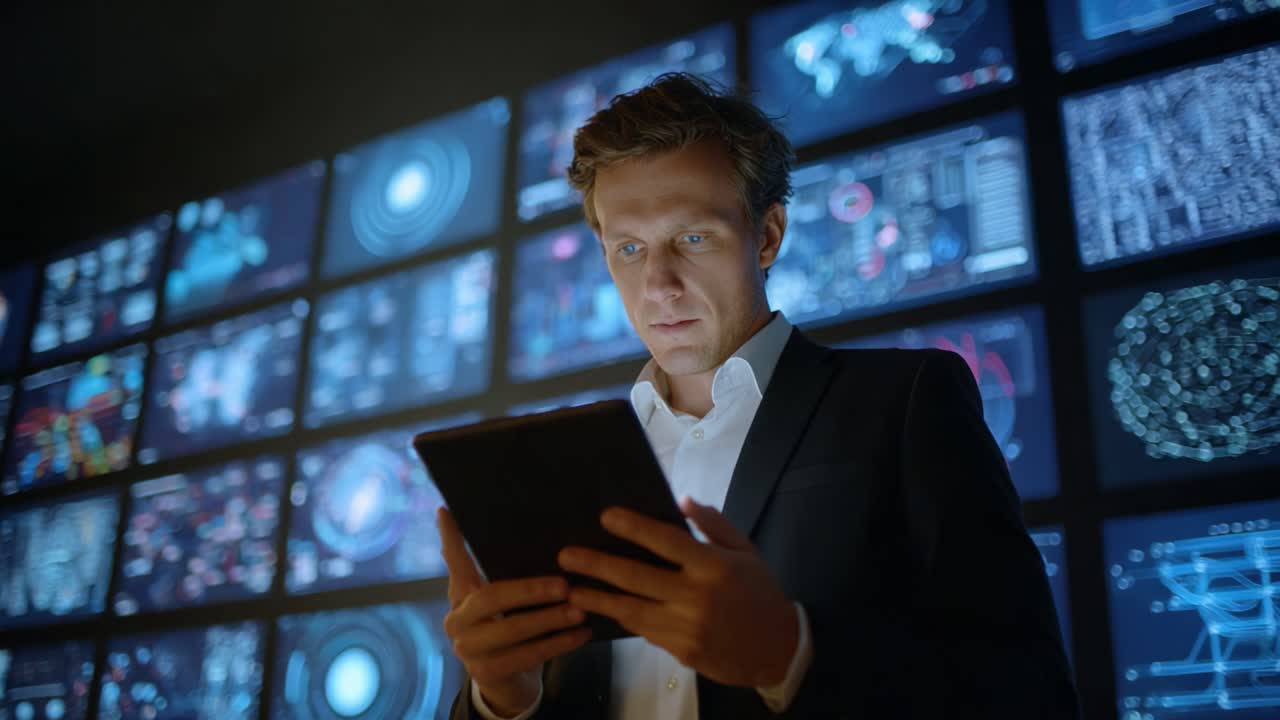 A Focused Analyst Analyzing Data Insights on a Tablet Amidst High-Tech Digital Displays Illustrating Complex Information in a Modern Control Room Environment