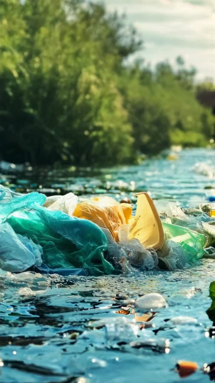Video da angolazione bassa di rifiuti di plastica che galleggiano in un fiume, che evidenzia l'inquinamento ambientale