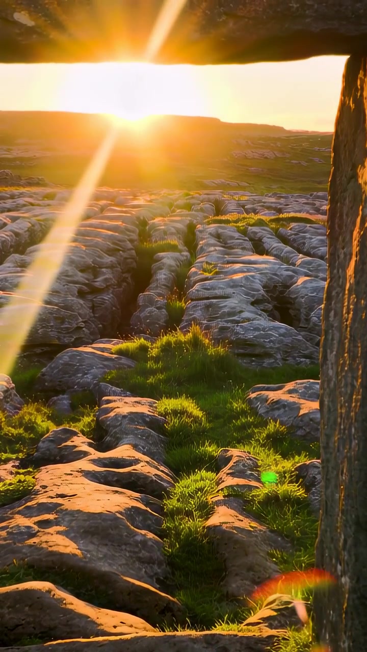 Vertikal video: Bevægende sol synker gennem en sprække i en dæksten, kaster gyldent skær på stenet plateau, solglimt.