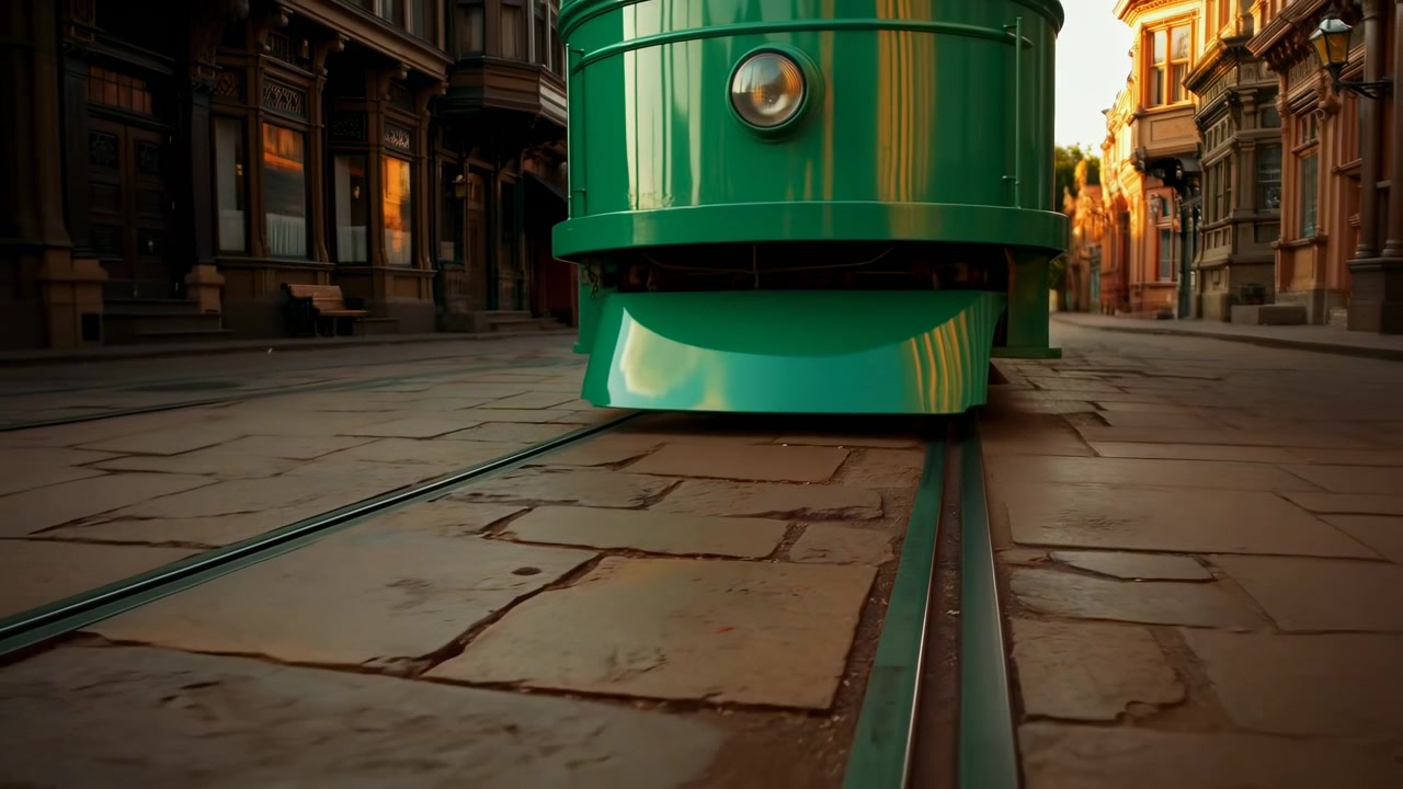Vista frontale da angolazione bassa mostra un tram verde d'epoca allineato su binari d'acciaio incastonati in un selciato di ciottoli crepato lungo una stretta via storica della città, con una calda luce del tramonto, muratura texturizzata e un'atmosfera urbana.