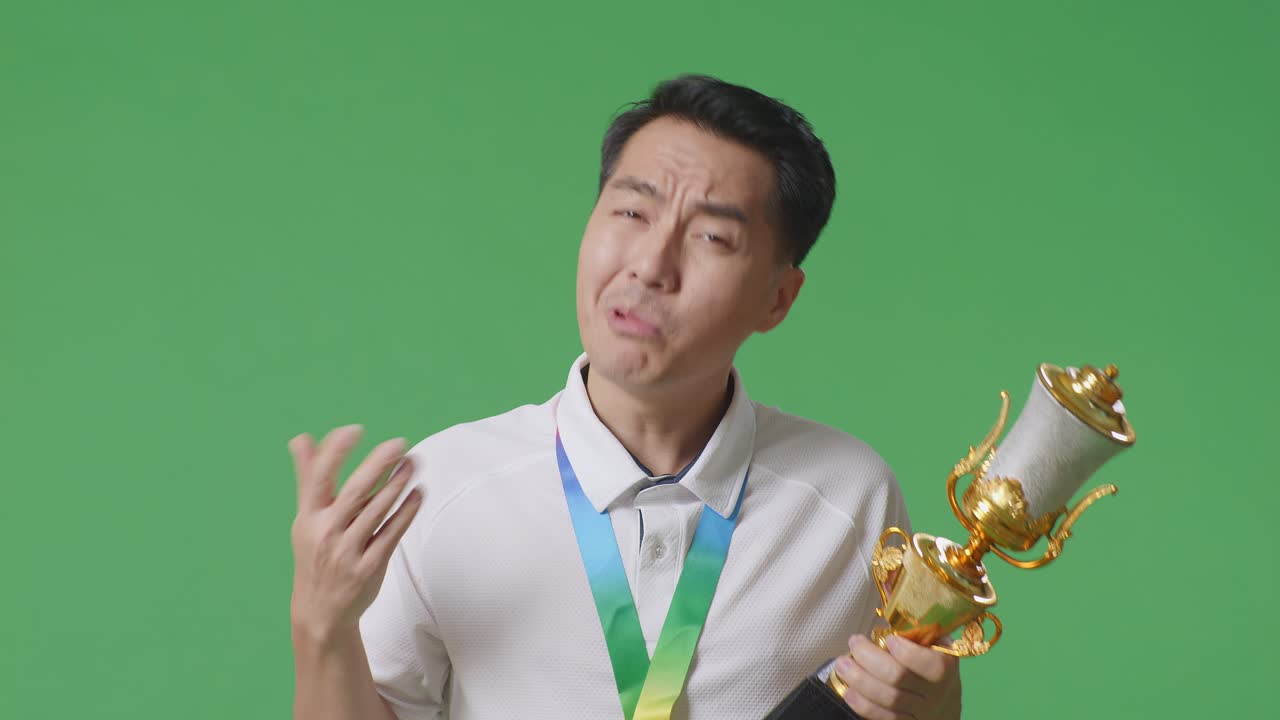 금메달을  아시아 남자가 스튜디오의 녹색 스크린 배경에서 트로피를 의심스럽게 바라보고 있습니다.