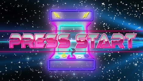 animación de prensa inicio texto metálico y videojuego retro de neón