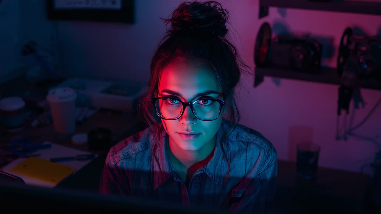 Working woman denim shirt glasses moving gaze lower screen home desk, monitor glow drawing focus