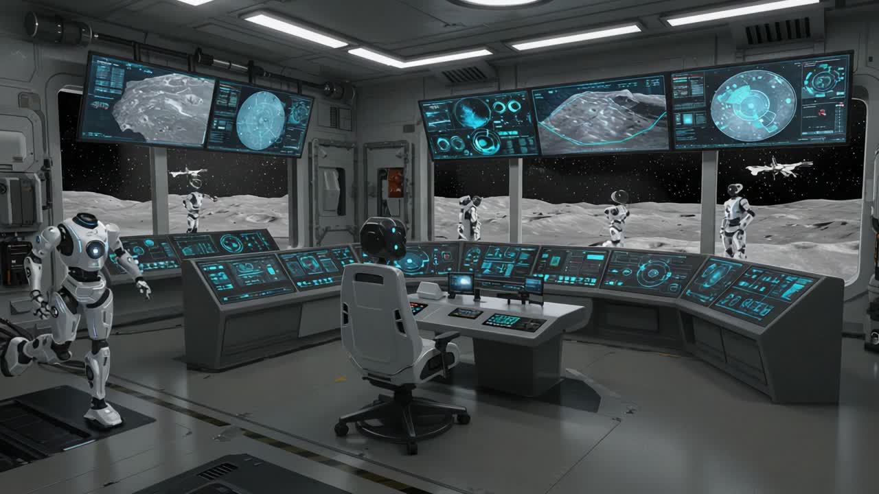Futuristic Lunar Command Center: A High-Tech Space Exploration Hub with Advanced Robotics and Comprehensive Monitoring of the Moon's Surface
