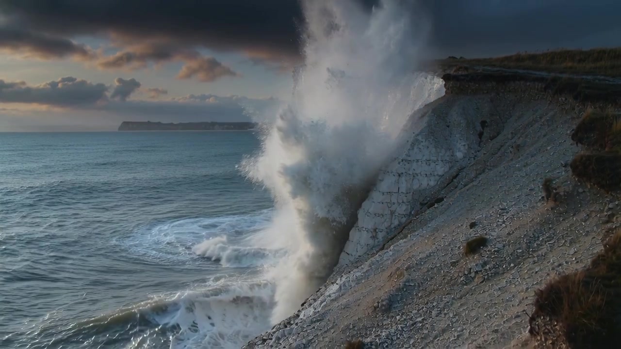 Approaching swell striking white chalk cliff at dusk, sending high sea spray and runoff down slope