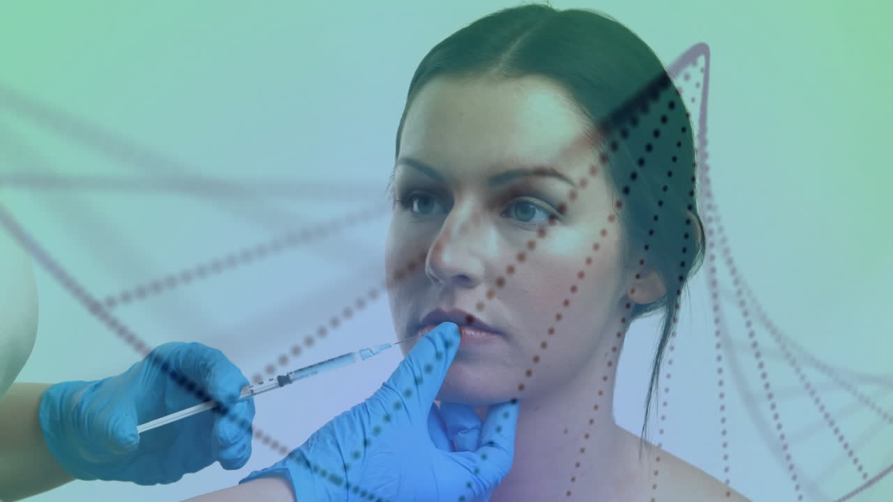 Nurse with blue gloves injecting lips with syringe in clinic, showing animated dotted graphic