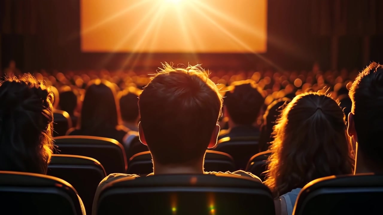 Pubblico che guarda uno schermo luminoso in un cinema buio.