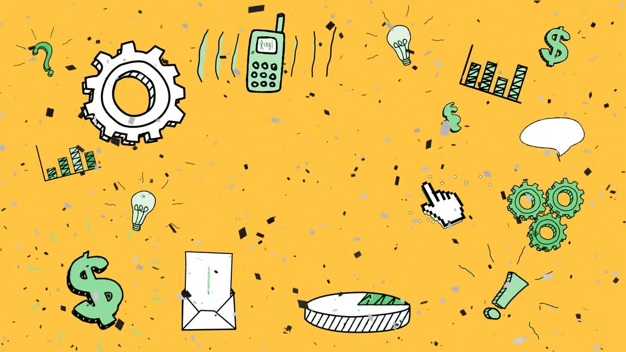 animación digital de confeti cayendo sobre los iconos del concepto de negocio sobre un fondo amarillo