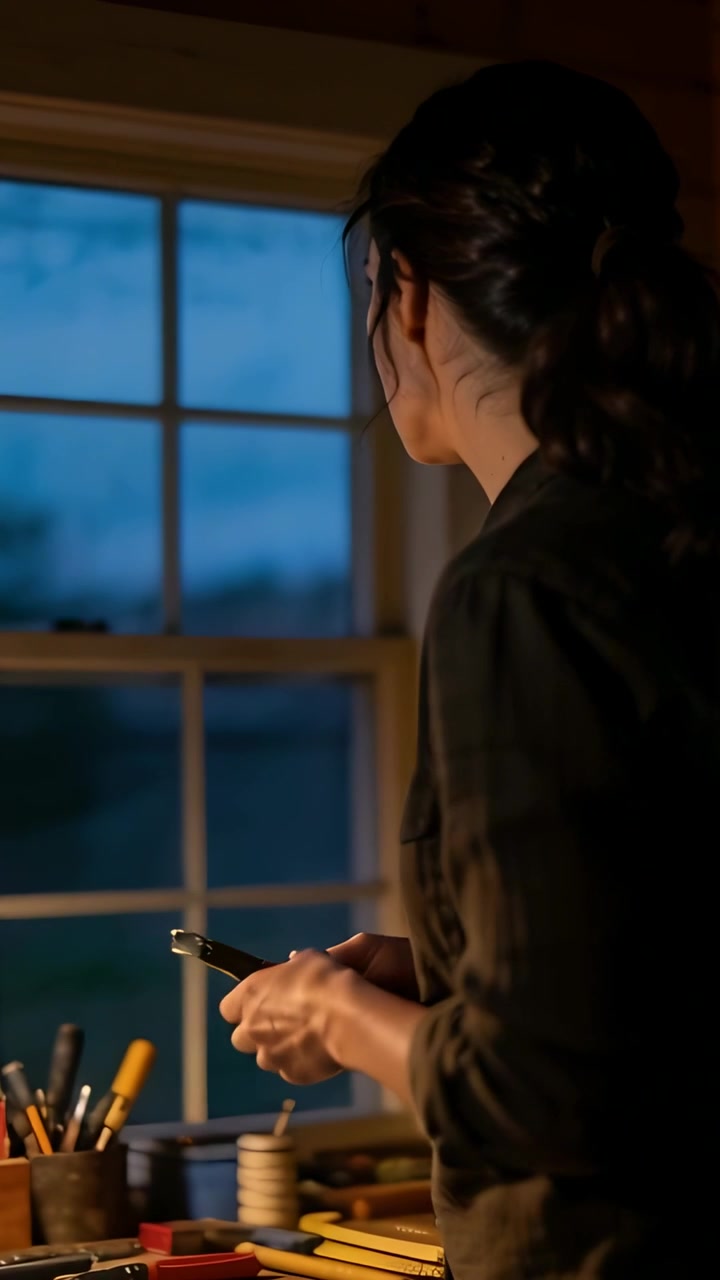 Video verticale: In pausa per la luce del crepuscolo, donna con camicia scura che usa le pinze al banco da lavoro, spazio per il testo