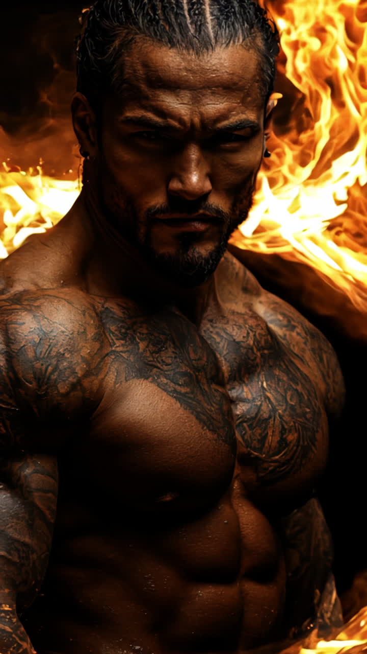 A man with tattoos on his arms stands in front of a fire. The fire is orange and is surrounding the man