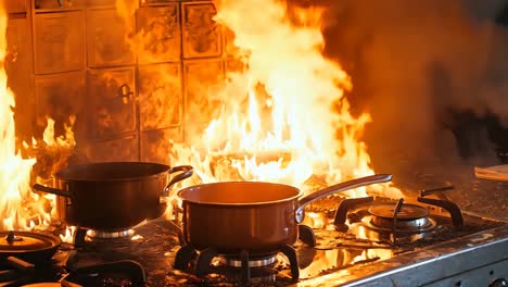 a stove with pots and pans on top of it on fire