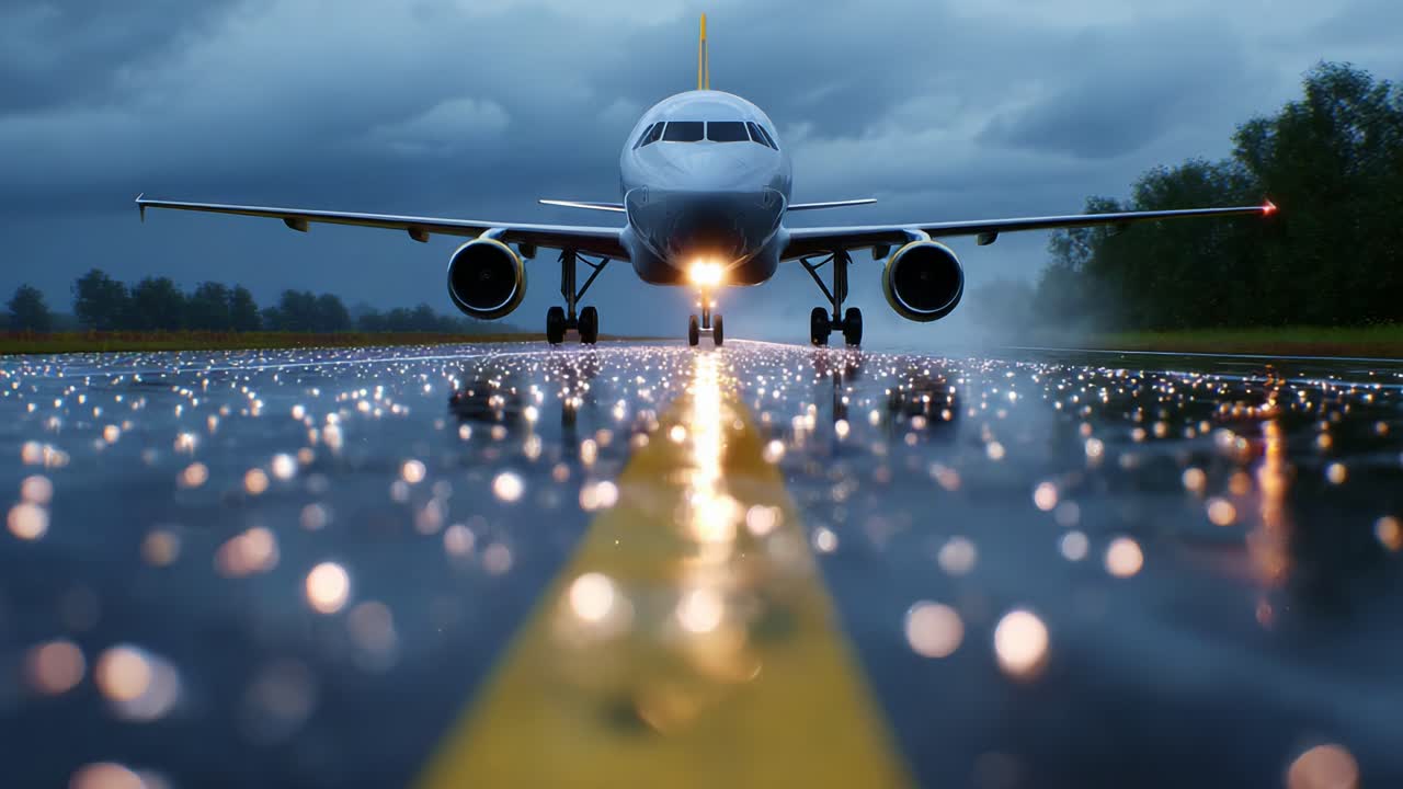 A Dramatic Scene of an Airplane Poised on a Rain-Drenched Runway, Illuminated by Its Own Lights, Capturing the Essence of Aviation Amidst Stormy Weather and Creating a Unique Atmosphere of Travel