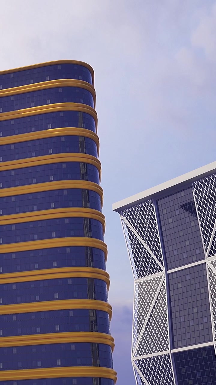 Edifícios modernos se destacam contra um céu limpo em uma paisagem urbana durante o dia.
