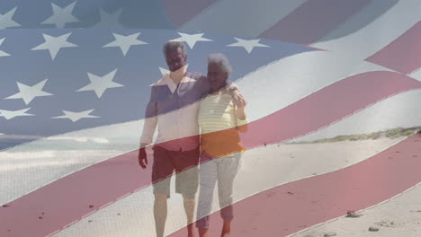 animation of happy senior caucasian couple embracing on beach over flag of united states of america