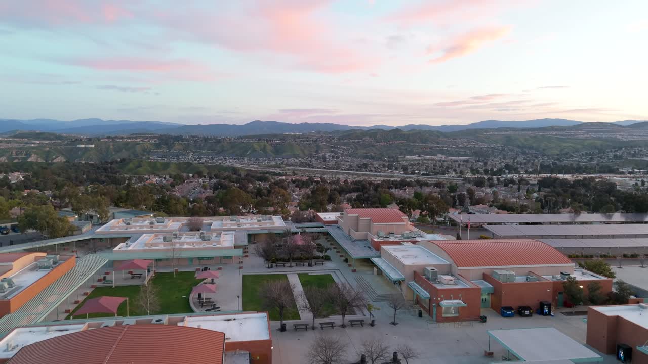 Aerial Flyover Of Santa Clarita Junior High School At Sunrise In Los Angeles, California.