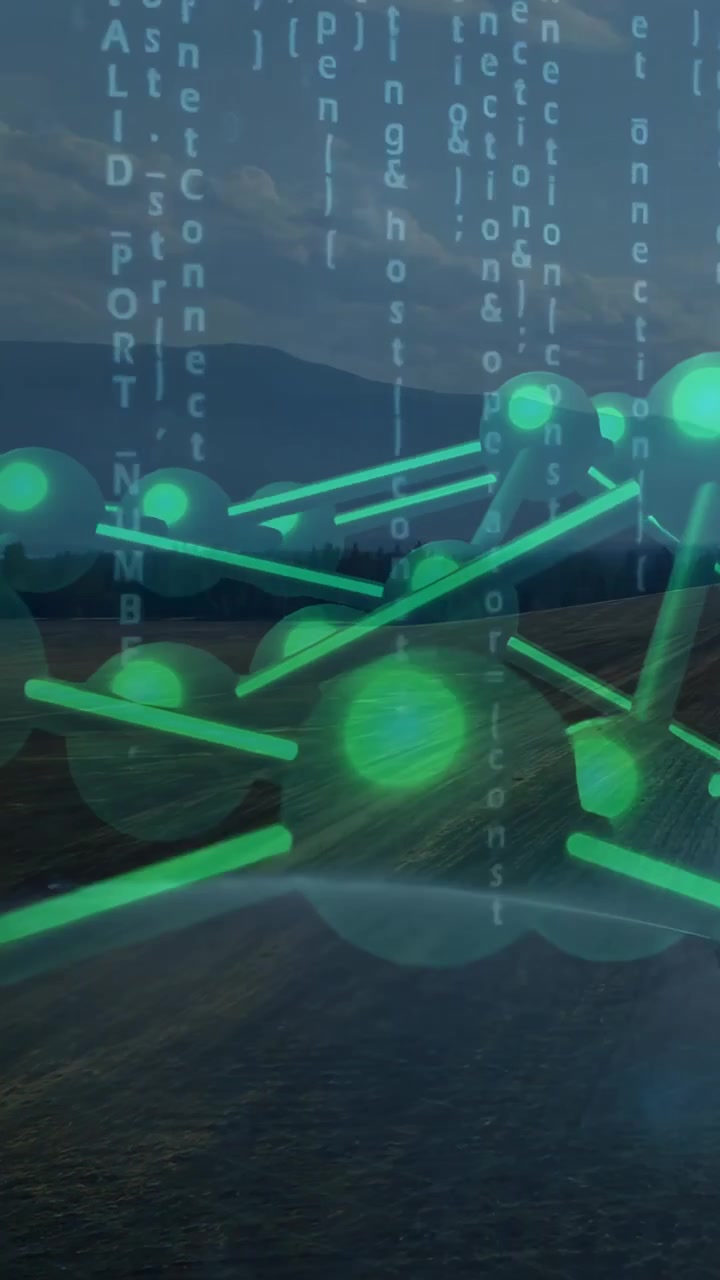 Frames driving neon node-net rotating over field revealing rods and code columns showing tech data