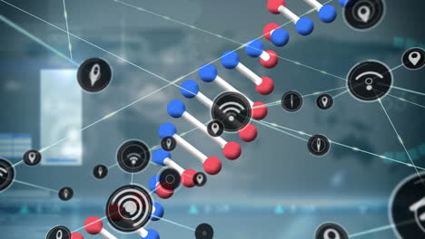 animation of network of digital icons and spinning dna structure against data processing