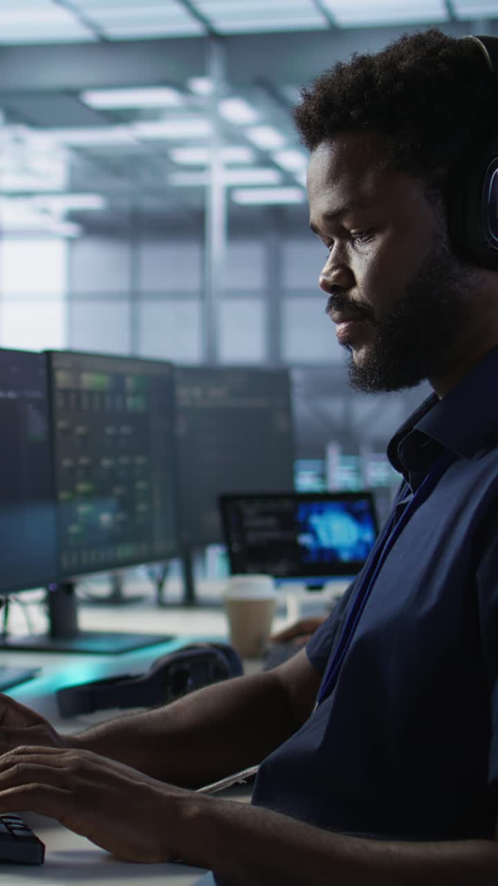 Vertical video Engineer in data center wearing headphones, implementing AI systems