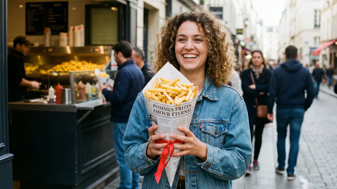 Donna sorridente con giacca di jeans che tiene un cono con nastro rosso per mangiare mentre un venditore serve in una strada trafficata