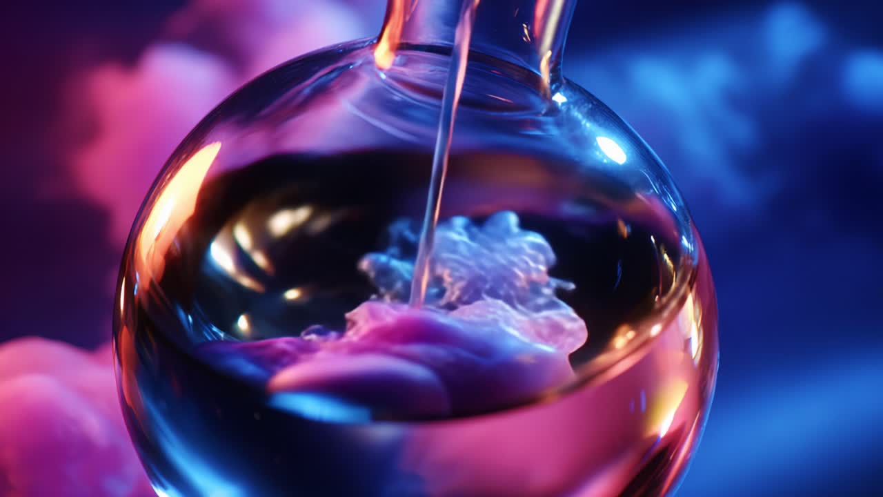 Intriguing Close-Up of a Glass Bottle Capturing Colorful Liquid Interactions and Bubbles Against a Vivid Backdrop of Ethereal Pink and Blue Hues Emphasizing an Artistic Element in Photography
