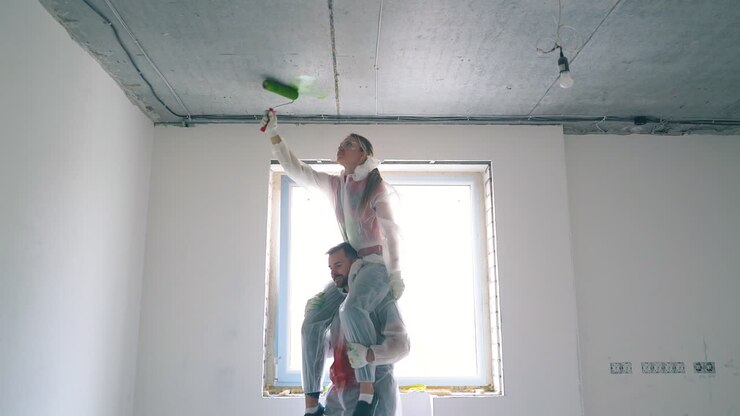 woman paints ceiling sitting on husband shoulders in room