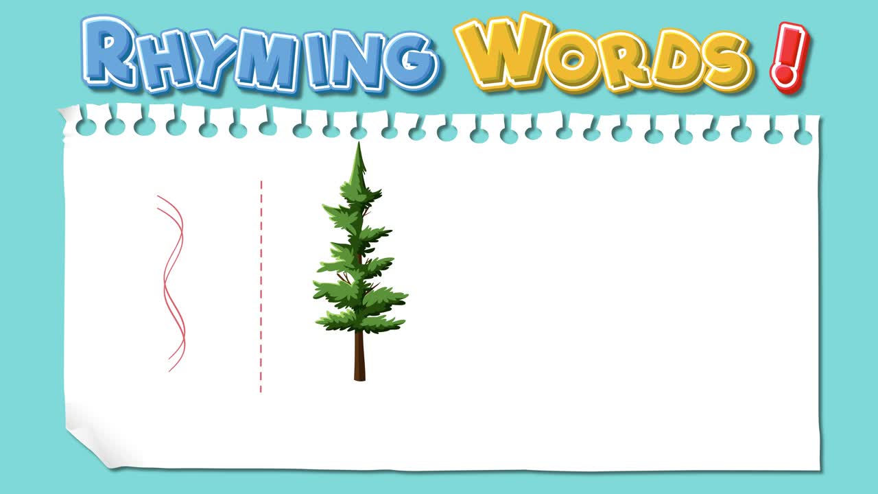 Colorful animation introduces rhyming words with engaging visuals and text, enhancing learning through dynamic transitions and playful design