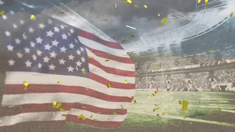 composite video of golden confetti falling over waving american flag against sports stadium