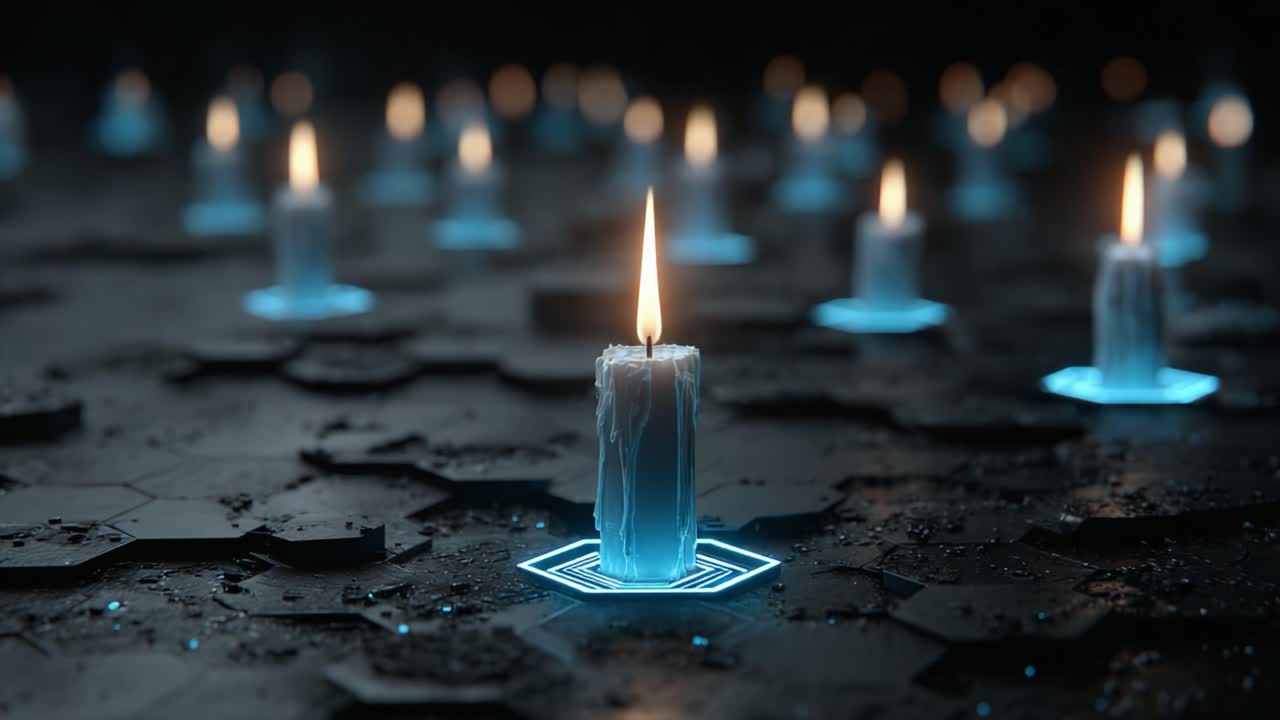 Una composizione ipnotica di candele luminose in un ambiente scuro e complesso, che mette in risalto il contrasto tra luce e ombra su uno sfondo geometrico