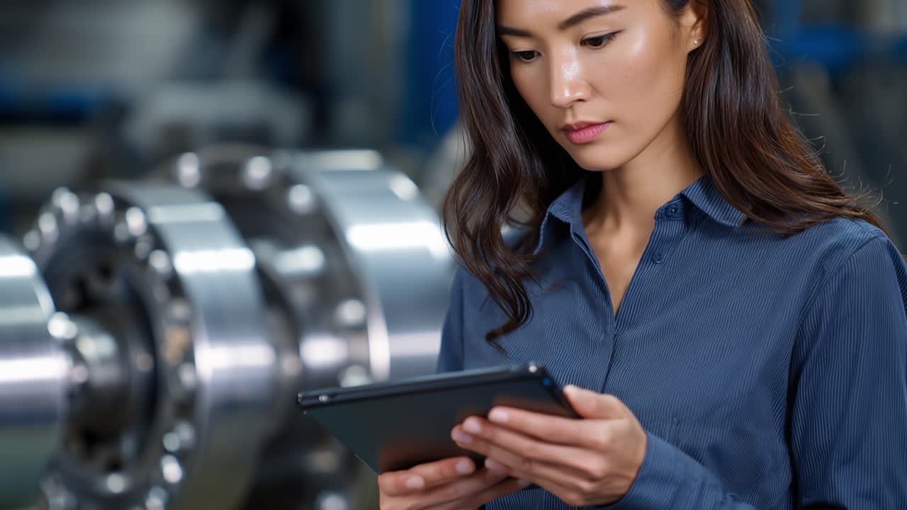 Mujer estudia datos en una tablet en una fábrica. Se la ve concentrada, pensativa, atenta. Hace una pausa, mira a su alrededor con curiosidad. La maquinaria industrial se vislumbra borrosa en el fondo. Ideal para el sector manufacturero