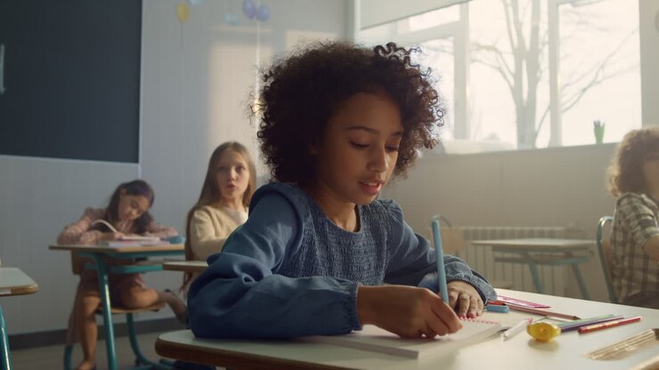 Menina sentada na carteira na sala de aula. Aluna alegre escrevendo no caderno.