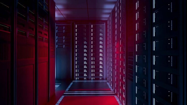 Camera moves steadily along a narrow corridor between tall server cabinets, revealing blinking indicator lights, vented panels, cool blue illumination, and changing red reflections.