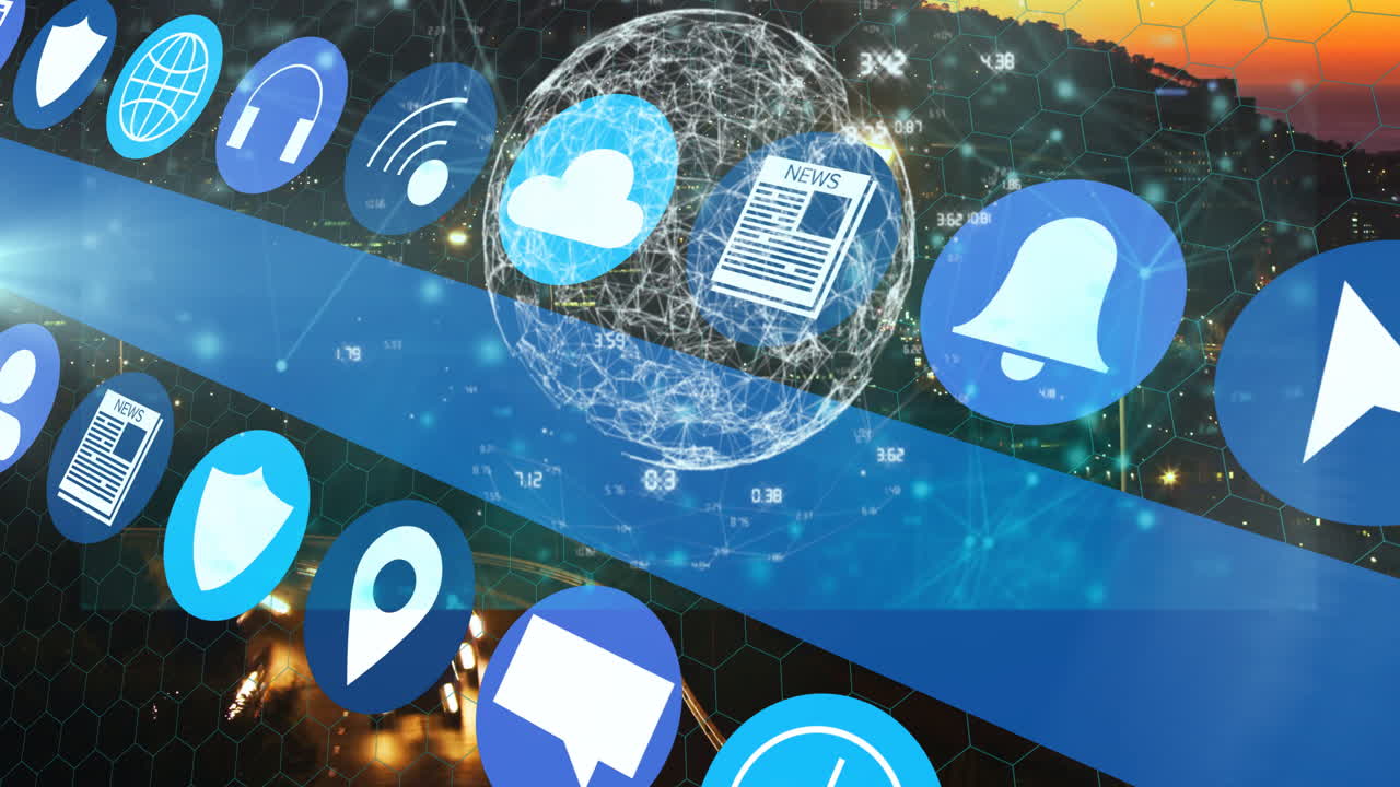 Animation of digital icons and network over cityscape, showing technology connections