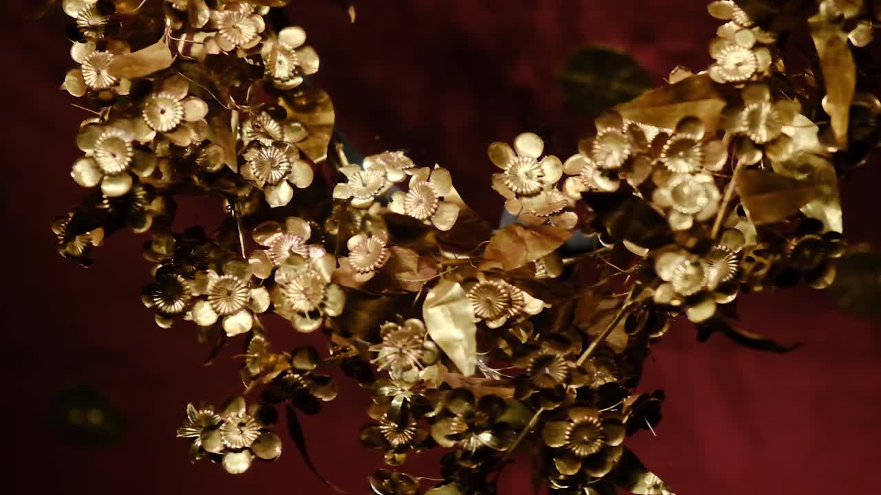 Macro Shot Of Golden Myrtle Wreath Of King Philip II's Wife At The Exhibit In Royal Burial Cluster In Vergina, Greece.
