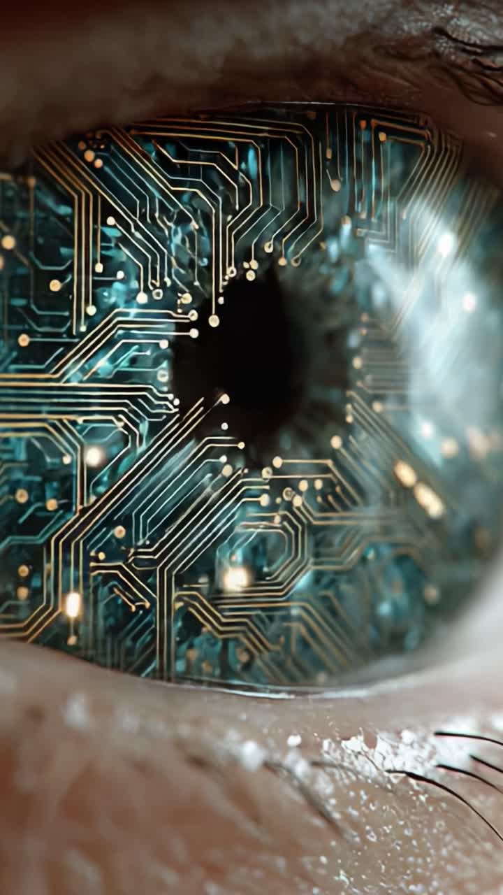Głębokie spojrzenie na integrację technologiczną: fascynujące połączenie ludzkiego oka i obwodów, ukazujące symboliczne powiązanie między naturą a postępem