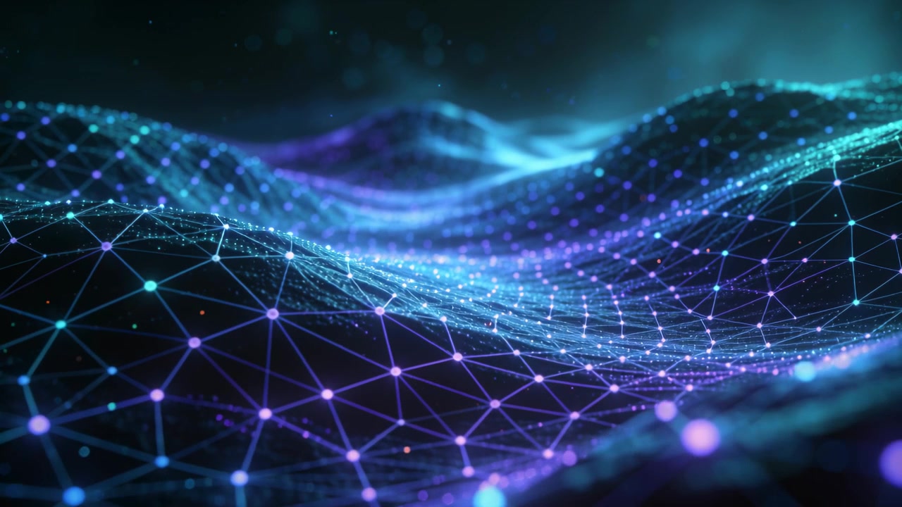 Undulating glowing mesh pulsing node lights from left across digital grid, showing data flow