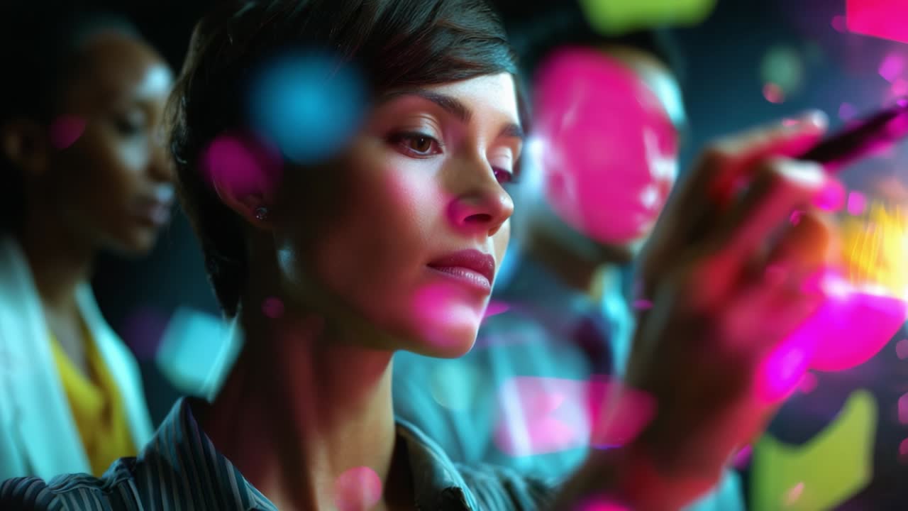 A focused individual immersed in creativity, passionately engaging in a colorful brainstorming session, surrounded by abstract shapes and vibrant visuals, showcasing the power of innovation and collaborative ideas