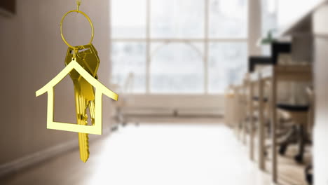animation of hanging golden house keys against interior of a classroom