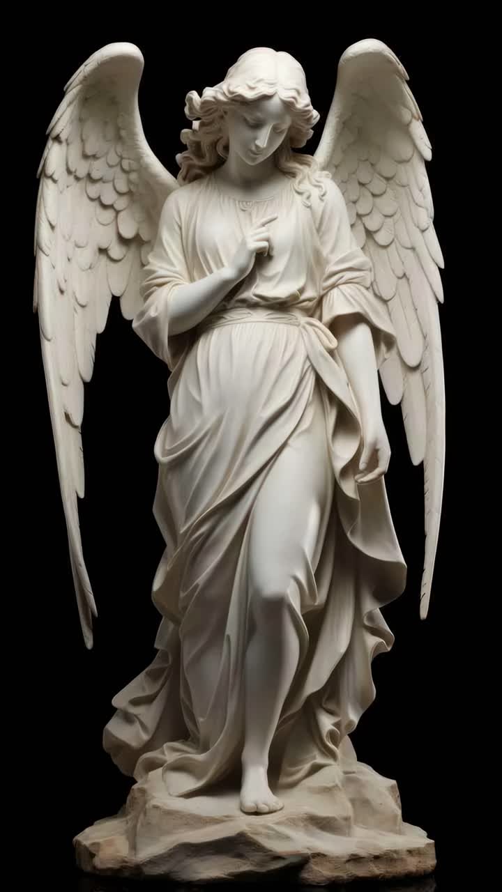 Elegant marble angel statue captured from a low-angle, highlighting intricate details