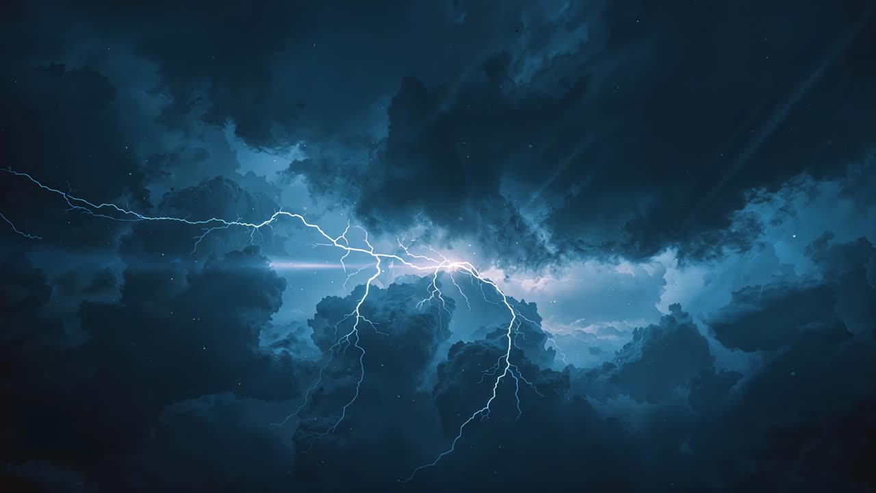 Flashing central cumulonimbus clouds lighting night after left bolt, revealing rain streaks