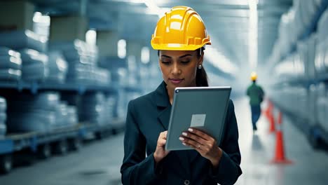 woman engineer in hardhat using a tablet in a warehouse