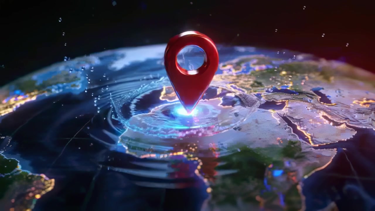 Hovering red map-pin emitting blue glow into stylized globe, marking location with ripple rings